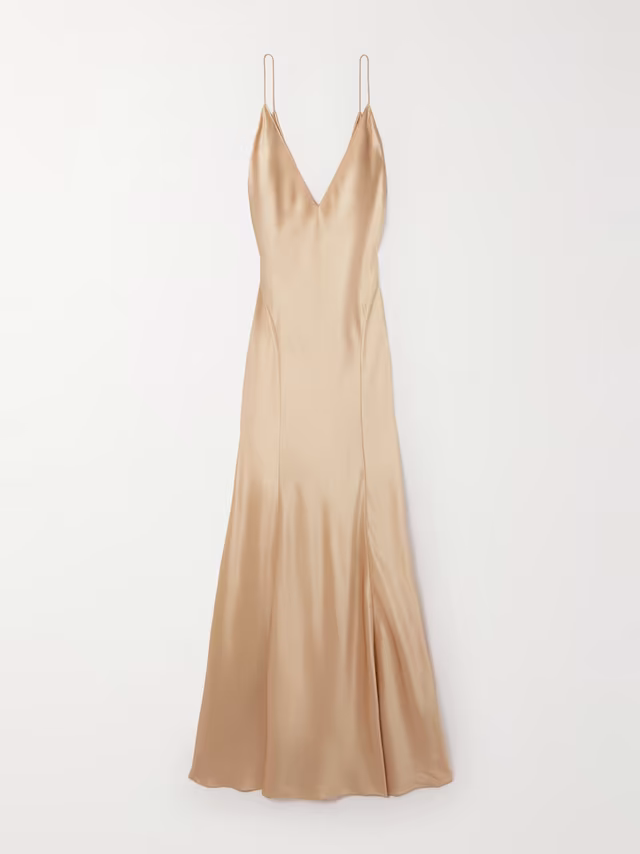 Open back paneled silk satin gown