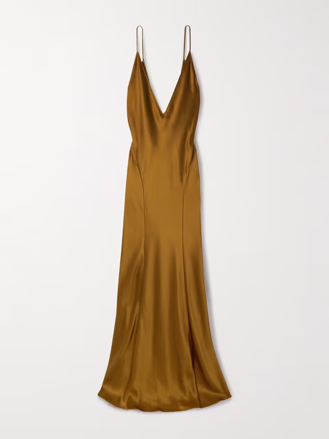 Open back paneled silk satin gown