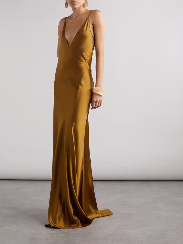 Alternative view of Open back paneled silk satin gown